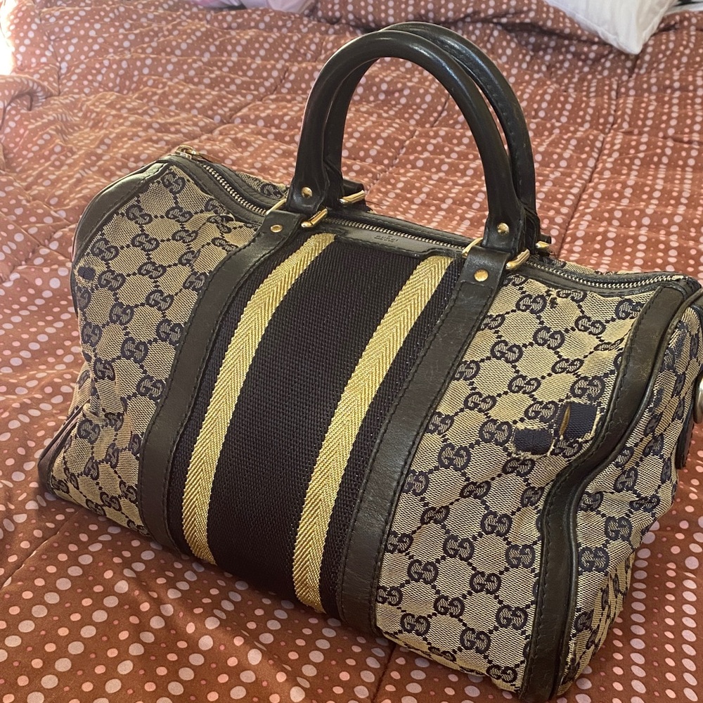 Gucci Beige and Black Canvas Bag with Gold Accents